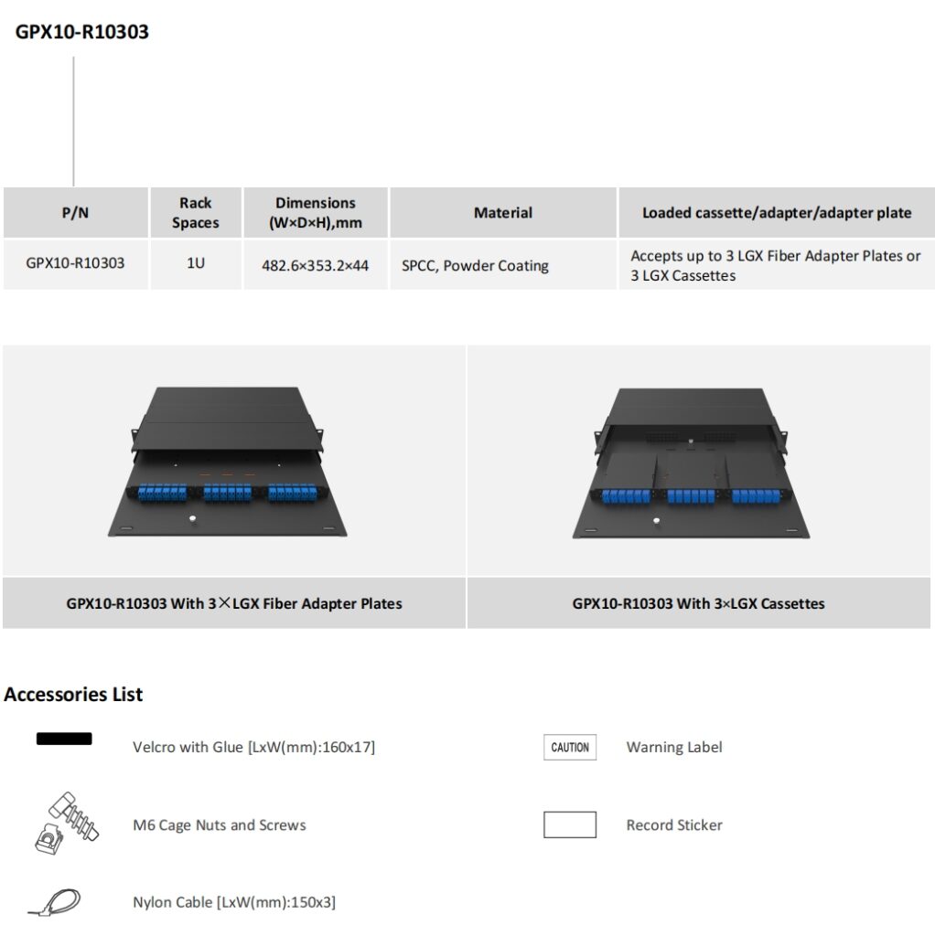 ADTEK GPX10-R10303 fiber patch panel product specification sheet displaying P/N GPX10-R10303 with 1U rack space dimensions of 482.6x353.2x44 millimeters SPCC Powder Coating material construction accepting up to 3 LGX Fiber Adapter Plates or 3 LGX Cassettes accompanied by two 3D product rendering images showing GPX10-R10303 With 3 times LGX Fiber Adapter Plates on left and GPX10-R10303 With 3 times LGX Cassettes on right plus an Accessories List including Velcro with Glue dimensions LxW 160x17 millimeters Warning Label CAUTION M6 Cage Nuts and Screws Record Sticker and Nylon Cable dimensions LxW 150x3 millimeters