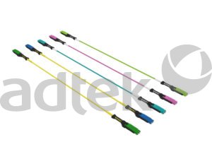 Six duplex MDC fiber optic patch cords in different colors including green, blue, cyan/teal, yellow, magenta/pink, and lime green with matching MDC connectors on both ends, arranged in fan-out diagonal pattern for high-density data center applications
