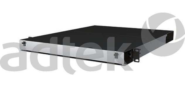 ADTEK 1U rack-mount fiber optic distribution unit or integrated cabinet product image showing black flat rectangular metal chassis with rack mounting ears on white transparent background with gray adtek logo watermark, 631x297 pixel wide format, Fiber Optic Tracing Solutions hardware photo