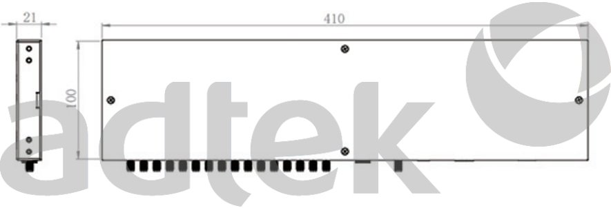 ADTEK Fiber Optic Tracing Solutions device or cabinet technical engineering dimension drawing showing left side end-face cross-section view with width 21mm height 100mm displaying multiple circular ports or interfaces plus main rectangular housing body with length 410mm bottom mounting holes connector positions line drawing style on white background with large gray adtek watermark overlay