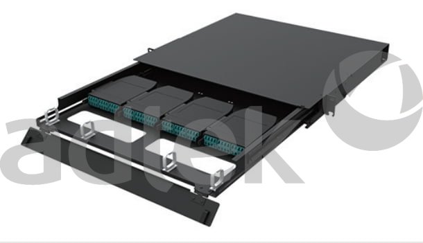 ADTEK Fiber Optic Tracing Solutions distribution unit product image showing black metal rack-mount chassis with sloped top cover and internal modular cassettes featuring blue cyan fiber optic adapter ports on transparent background with adtek watermark, 610x351 pixel resolution