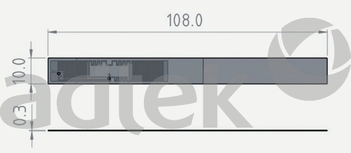 ADTEK Fiber Optic Tracing Solutions product dimension technical drawing showing rectangular gray component with engineering measurements 108.0 width and 103.0 height, adtek watermark overlay on white background, 705x309 pixel resolution