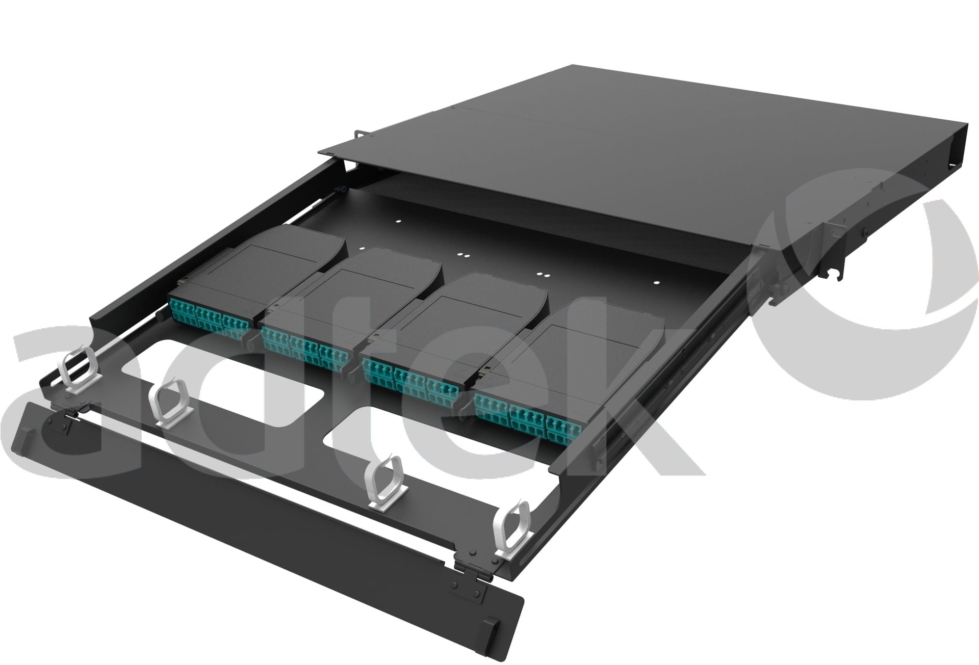 ADTEK GPX58 modular fiber patch panel product image showing 19-inch rack-mount modular patch panel hardware with dark gray sloped top cover on transparent background, 1920x1305 pixel resolution
