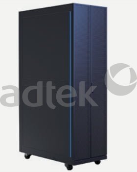 ADTEK Integrated Cabinet product image showing tall vertical black blue server rack cabinet with ventilation grille front panel on caster wheels for Fiber Optic Tracing Solutions, white background with gray adtek logo watermark
