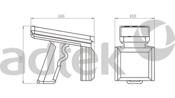 ADTEK Fiber Optic Tracing Solutions RFID handheld reader scanner device technical engineering drawing showing side view with dimensions 165x150mm displaying handle trigger and top scanning window plus front view with height 103mm showing rectangular body and top module, line drawing style on white background with large gray adtek watermark overlay