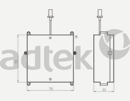 ADTEK Fiber Optic Tracing Solutions RFID reader or electronic device technical engineering dimension drawing showing front view with rectangular housing dimensions 76x76mm with antenna probe on top plus side view with width 33mm showing body thickness, line drawing style on white background with large gray adtek watermark overlay, 434x340 pixel resolution