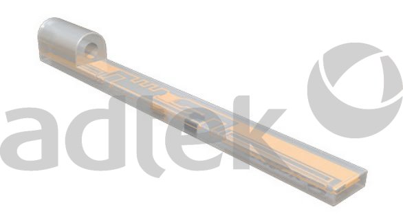 ADTEK Fiber Optic Tracing Solutions long cylindrical RFID tracking tube or label component with transparent semi-transparent casing showing orange gold internal circuitry chip structure, circular end cap on one end, white background with large gray adtek logo watermark, 586x320 pixel resolution