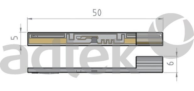 ADTEK Fiber Optic Tracing Solutions RFID tracking tube or label component technical dimension drawing showing long rectangular part with length 50mm one end height 5mm other end height 9mm internal layered cross-section structure visible adtek watermark on white background