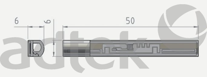ADTEK Fiber Optic Tracing Solutions RFID tracking tube or label component technical dimension engineering drawing showing long rectangular part with width 6mm height 9mm total length 50mm internal layered cross-section structure visible through transparent housing, large gray adtek logo watermark on white background, 684x256 pixel resolution
