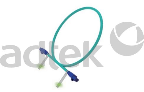ADTEK teal turquoise fiber optic cable or RFID tracking tube with blue LC SC connectors on both ends forming loop shape on white background with gray adtek logo watermark, Fiber Optic Tracing Solutions product photo