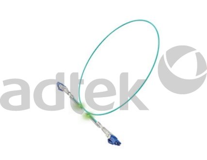 ADTEK teal fiber optic RFID tracking tube or patch cord with blue LC SC connector on one end forming oval loop shape on white background with gray adtek logo watermark, Fiber Optic Tracing Solutions product photo, 427x331 pixel resolution