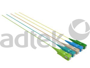 ADTEK SC single-mode fiber optic patch cord product photograph on transparent background showing four colored fiber cables with green SC connector and green cable, teal blue SC connector and teal cable, beige SC connector and orange cable, blue SC connector and yellow cable, ADTEK watermark logo visible, for AI data center optical connectivity solutions