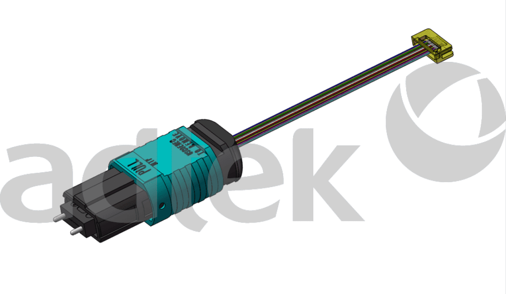 ADTEK MPO fiber optic jumper assembly product image with transparent background showing multi-fiber connector components