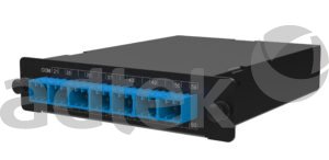 ADTEK fiber optic patch panel tray with blue LC adapter modules in black metal enclosure showing port numbers 21 through 60