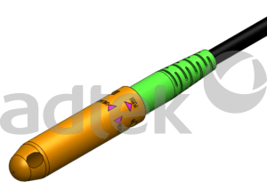 ADTEK Pushable SC fiber optic connector assembly 3D render showing orange golden connector body with green strain relief boot black cable and purple directional arrow markings on transparent background with adtek watermark