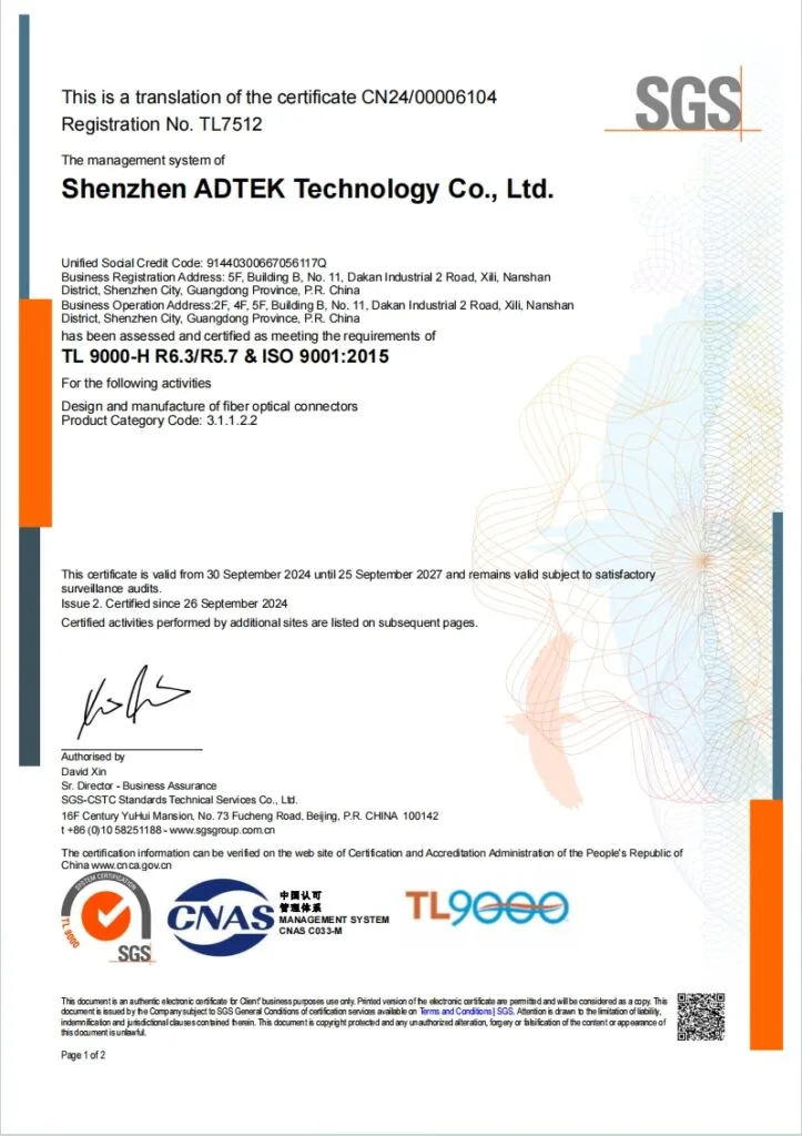 ADTEK SGS certification certificate document CN24/00006104 Registration No. TL7512 for Shenzhen ADTEK Technology Co., Ltd., covering design and manufacture of fiber optical connectors Product Category Code 31.1.22, certified to TL 9000-H R6.3/R5.7 and ISO 9001:2015 standards, valid from 30 September 2024 until 25 September 2027, featuring SGS CNAS and TL9000 logos with authorized signature
