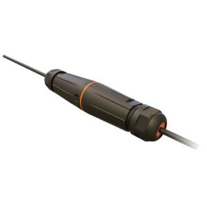 Product photograph of ADTEK fiber optic connector or cable assembly component showing a black cylindrical connector body with textured anti-slip grip surface bright orange decorative seal or identification ring around middle section two black fiber optic cables extending from opposite ends of the connector displayed at 45-degree angle against clean white background representing optical networking hardware product for IT cabling moisture resistance applications uploaded to IT Cabling MOISTURE page