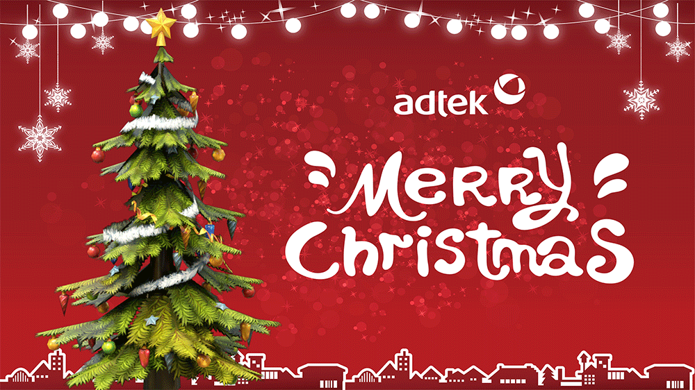 ADTEK 2024 Christmas greeting card banner featuring festive red background with decorated Christmas tree on left side adorned with golden star topper colorful string lights and hanging snowflake ornaments white string lights and snowflake patterns across top border large white hand-drawn style Merry Christmas text in center adtek company logo positioned above text and white city skyline silhouette at bottom representing holiday season corporate greetings from ADTEK fiber optic manufacturing company uploaded to Christmas Eve Wishes from ADTEK page