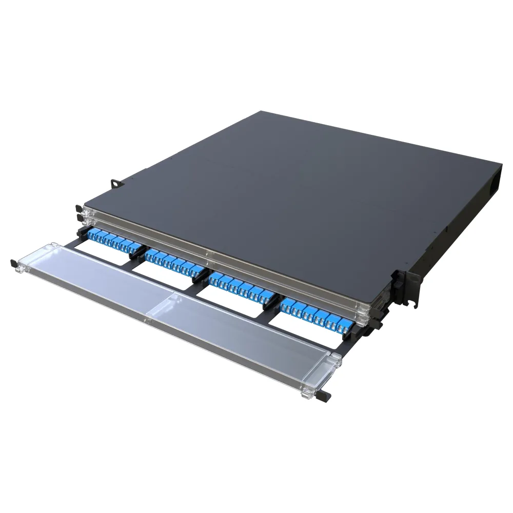 3D product rendering of ADTEK GPX70 optical distribution frame showing black rectangular chassis with blue LC fiber optic connector interfaces on the front panel and pull-out tray partially extended revealing internal splice and adapter components designed for high-density fiber management in data center environments