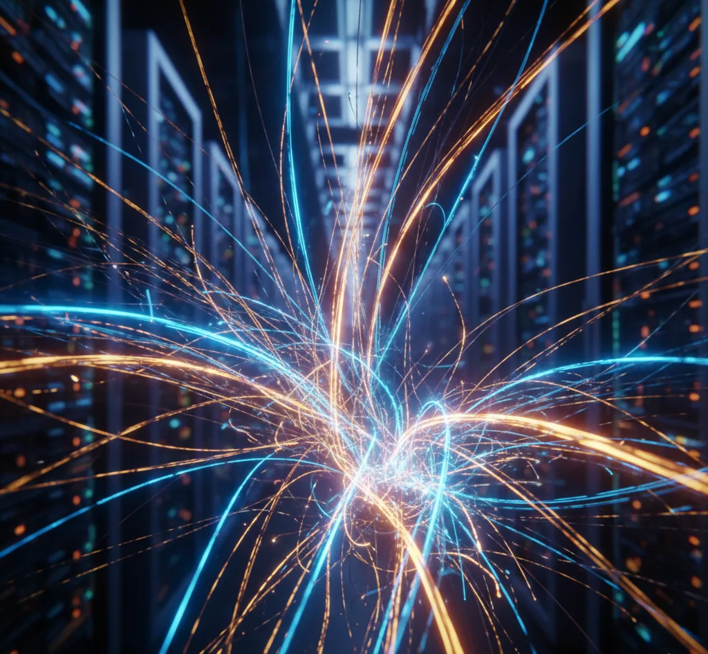 Colorful fiber optic light beams in blue and gold radiating outward against a dark data center background, representing high-speed optical data transmission and networking technology