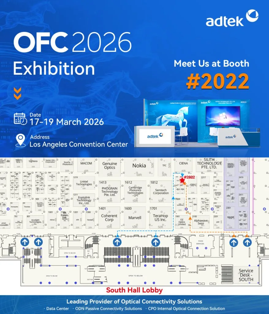 Advertisement for the OFC 2026 exhibition, advertising adtek Booth 2022