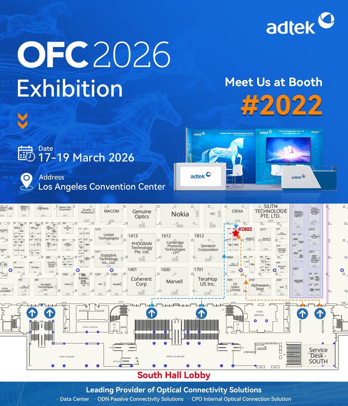 Advertisement for the OFC 2026 exhibition, advertising adtek Booth 2022