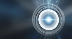 Glowing blue light source radiating through concentric glass rings