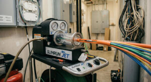 SlimRun Jet fiber optic air blower pushing colored optical cables through conduit