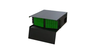 Black server chassis with green circuit boards in 3D rendering