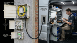 Diagram showing external wall-mounted fiber optic terminals connected to a technician working inside a van