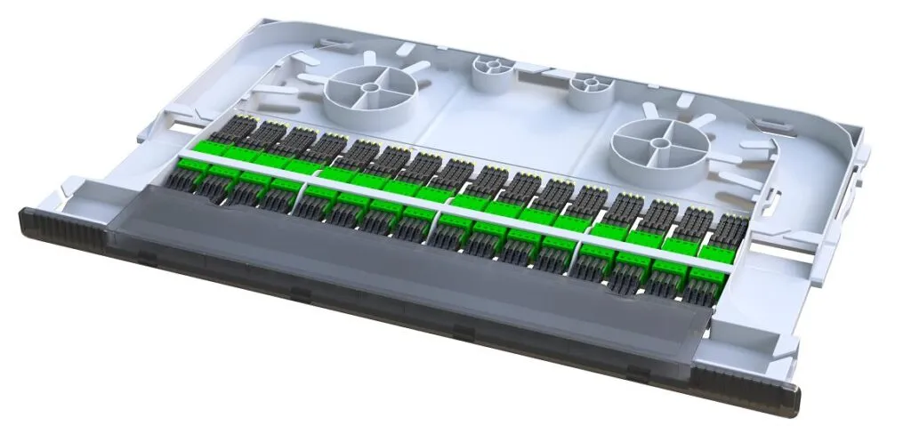 White rectangular optical connector panel with multiple rows of green and black female connectors and circular mounting points
