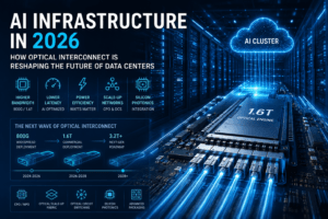 Infographic AI Infrastructure in 2026 optical interconnects reshaping data centers with 1.6T chip and AI cluster