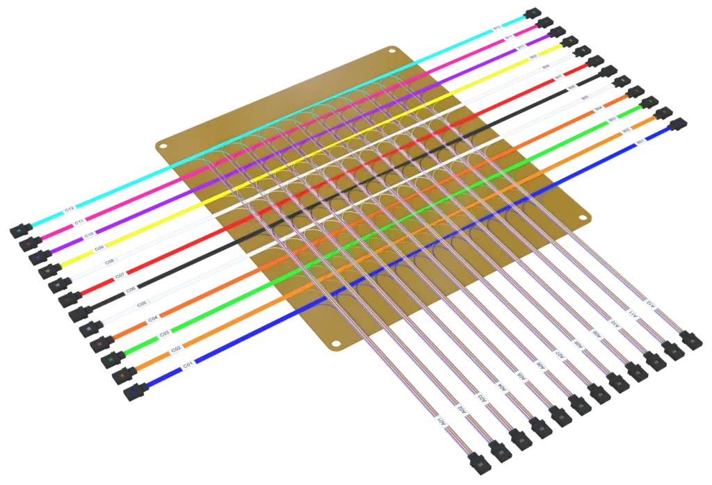 Fiber optic breakout cable 3D rendering - trunk fiber split into colored patch cords for data center connectivity