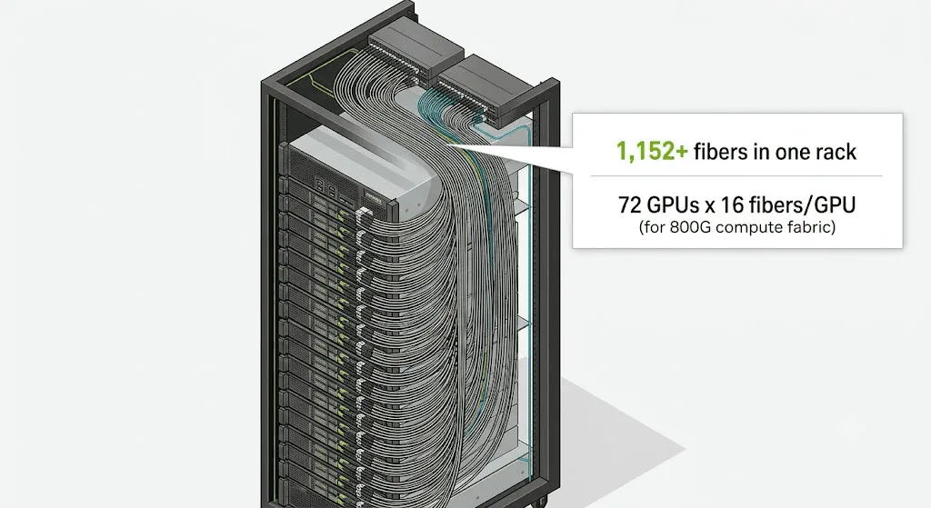AI data center GPU server rack with 1,152 fiber optic connections for 800G compute fabric