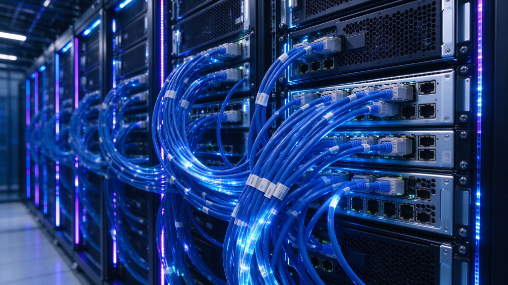Close-up of high-density MMC fiber connectors and reduced-diameter fanout cables in a 1RU AI rack patch panel, showing high strand count and airflow clearance.