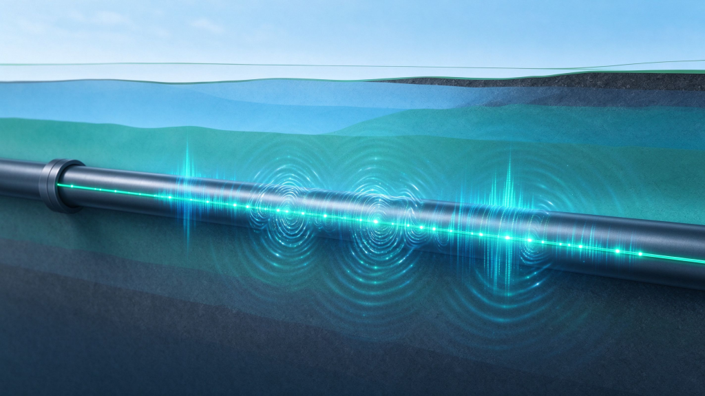Diagram of an OFC-SCR distributed acoustic sensing setup showing frequency-comb probe light traveling through a sensing fiber with Rayleigh backscatter analysis.