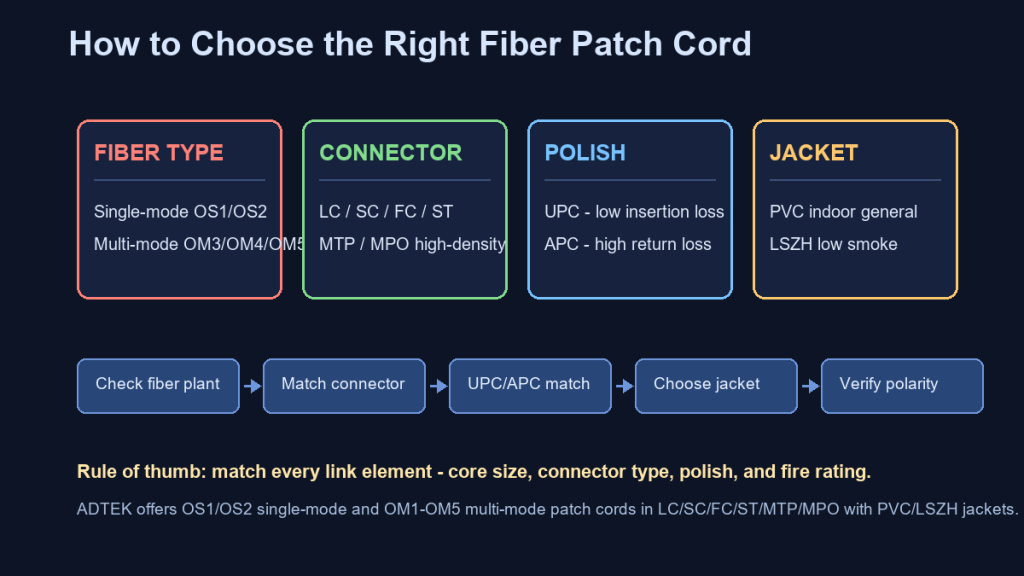 Fiber patch cord selection guide comparing single-mode multi-mode connectors and polish